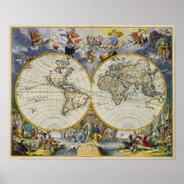Poster Carte antique du monde en deux hémisphères 1683