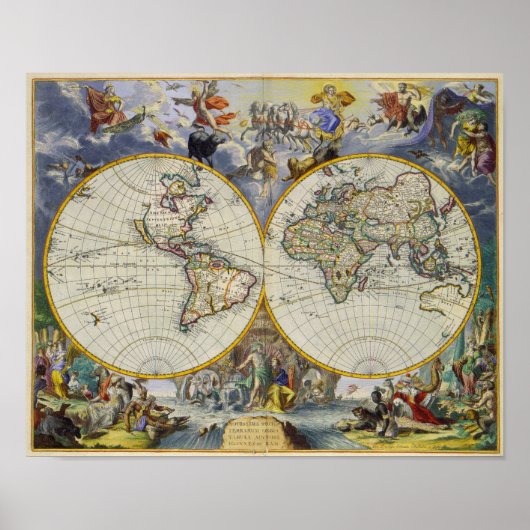 Poster Carte antique du monde en deux hémisphères 1683 (Devant)