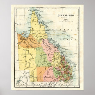 Poster Carte antique du Queensland Australie