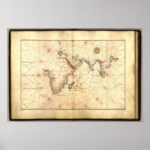 Poster Carte antique Océan Indien Atlas Agnese 1544 A.D.