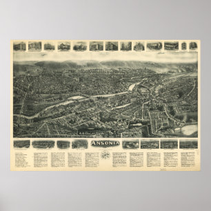 Poster Carte Antique Panoramique Ansonia Connecticut 1921
