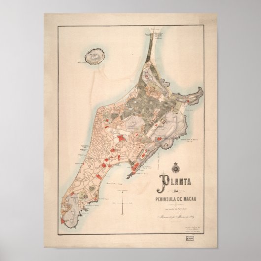 Poster Carte antique portugaise de Macao 1889 (Devant)
