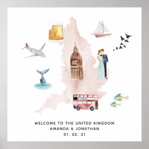 Poster Carte aquarelle du Royaume-Uni Destination Mariage