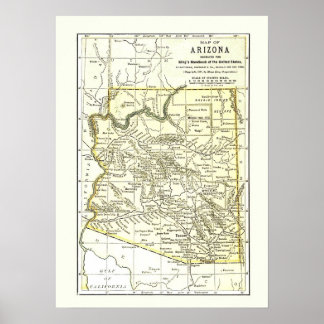 Poster Carte Arizona 1891 Villes, Rail et Réservations