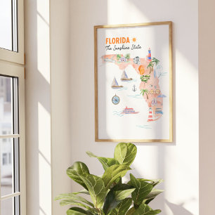 Poster Carte artistique de la Floride à l'aquarelle
