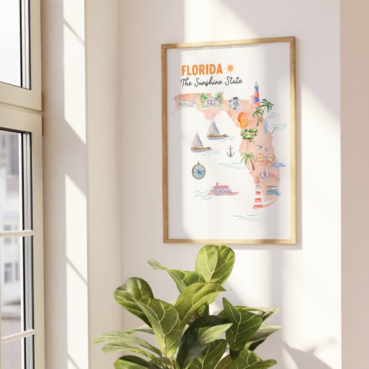 Poster Carte artistique de la Floride à l'aquarelle