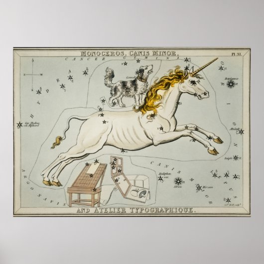 Poster Carte astronomique Unicorne vintage (Devant)