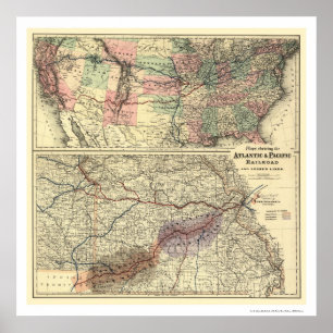 Poster Carte atlantique et Pacifique 1873 de chemin de