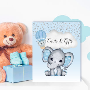 Poster Carte Baby shower et cadeaux Elephant Blue Balloon