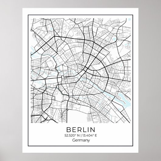 Poster Carte Berlin - Berlin Carte noire et blanche Poste (Devant)