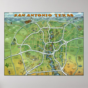 Poster Carte cartographique du Texas de San Antonio