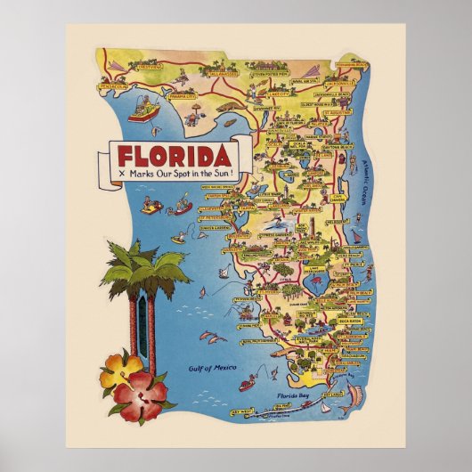 Poster Carte colorée de Floride (Devant)