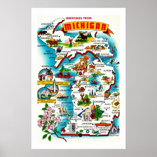 Poster Carte colorée du Michigan Imprimer (Devant)