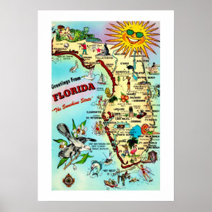 Poster Carte colorée Retro Florida 20x28 Imprimer