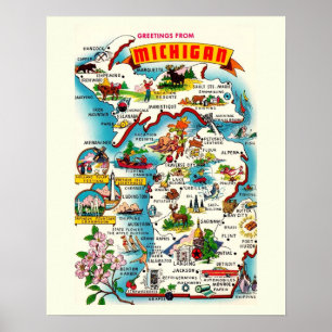 Poster Carte colorée vintage du Michigan