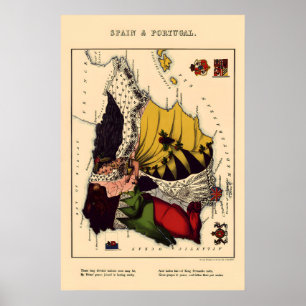 Poster Carte comique vintage de l'Espagne et du Portugal