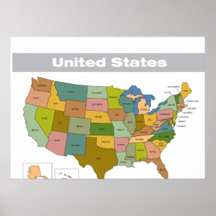 Poster Carte complète des couleurs des États-Unis