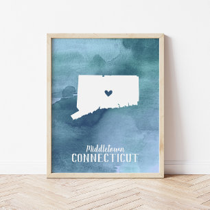 Poster Carte Connecticut Aquarelle bleue Art personnalisé