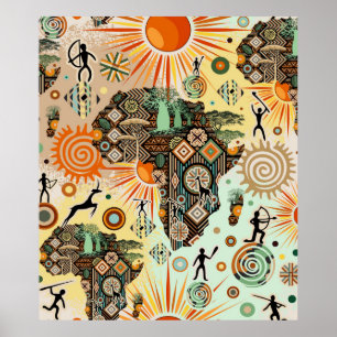 Poster Carte d'Afrique Motif Éléments Tribaux Décoratifs