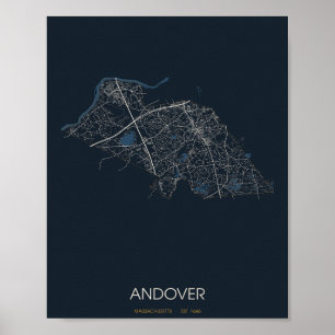 Poster Carte d'Andover Massachusetts (de nuit)
