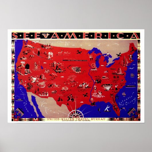 Poster Carte d'Antiquité vintage États-Unis d'Amérique, É (Devant)