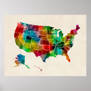 Poster Carte d'aquarelle des Etats-Unis