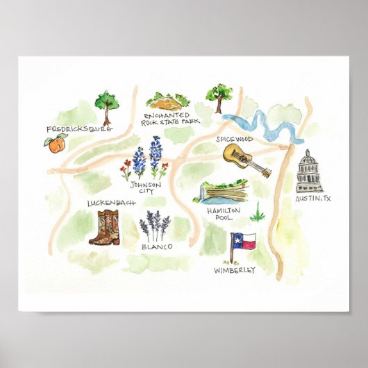 Poster Carte d'aquarelle du pays Austin Texas Hill (Devant)