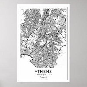 Poster Carte d'Athènes - Athènes Carte noire et blanche