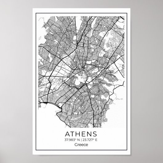 Poster Carte d'Athènes - Athènes Carte noire et blanche (Devant)