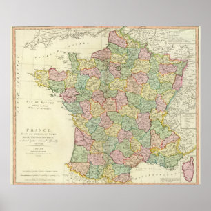 Poster Carte d'atlas de la France avec des évêques