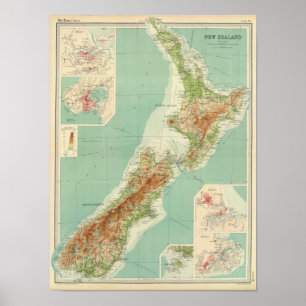 Poster Carte d'atlas de la Nouvelle Zélande