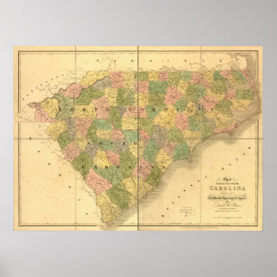Poster Carte de 1839 Caroline du Nord et Caroline du Sud