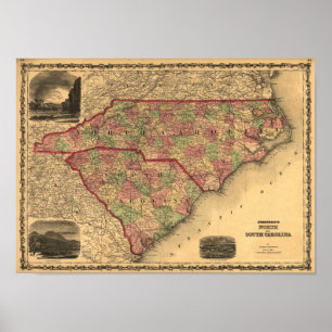 Poster Carte de 1861 Caroline du Nord et Caroline du Sud