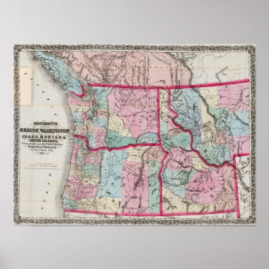 Poster Carte de Bancroft de Oregon, Washington, Idaho (Devant)