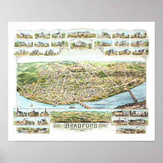 Poster Carte de Bradford Massachusetts en 1892 (Devant)