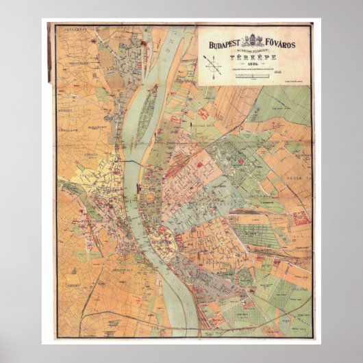 Poster Carte de Budapest Hongrie de 1884 (Devant)