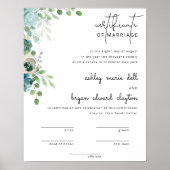 Poster Carte de certificat de mariage Mariage bleu Dusty (Devant)