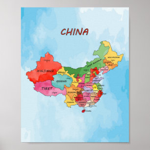 Poster Carte de Chine aquarelle illustration