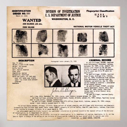 POSTER CARTE DE CLASSIFICATION D'EMPREINTE DE DILLINGER 1 (Devant)