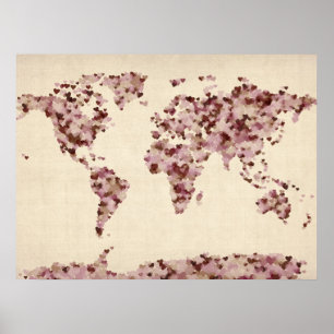 Poster Carte de coeurs d'amour de la carte du monde
