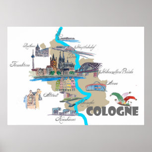 Poster Carte de Cologne avec les sites touristiques
