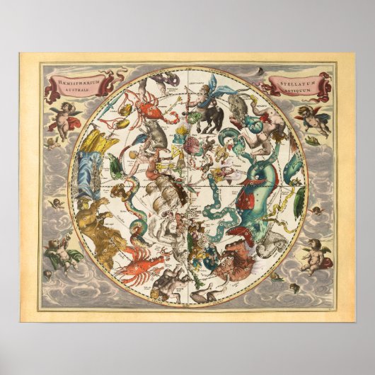 Poster Carte de constellation de l'étoile Zodiaque vintag (Devant)