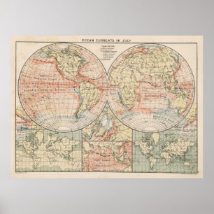 Poster Carte de courants vintage d'océan du monde (1905)