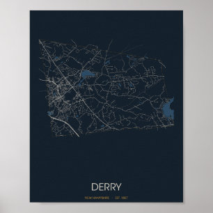 Poster Carte de Derry, New Hampshire (de nuit)