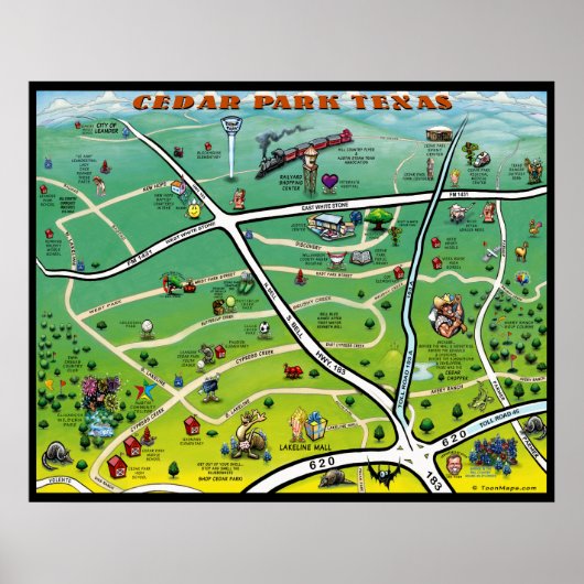 Poster Carte de dessin animé de Cedar Park Texas (Devant)