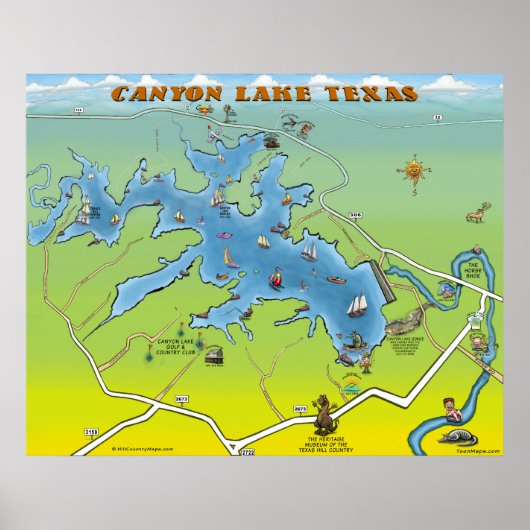 Poster Carte de dessin de Canyon Lake Texas (Devant)