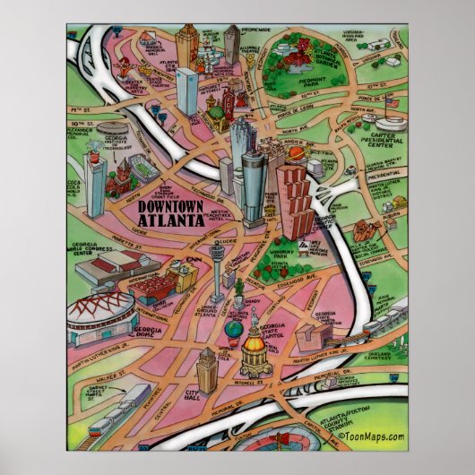 Poster Carte de dessin du centre-ville d'Atlanta en Géorg (Devant)