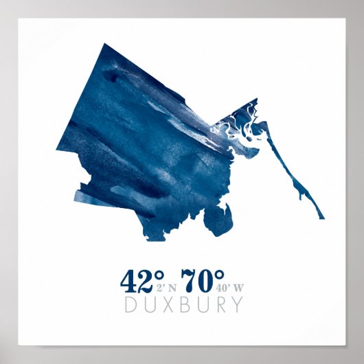 Poster Carte de Duxbury MA à l'aquarelle bleue avec coord (Devant)