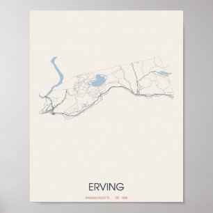 Poster Carte de Erving Massachusetts – Fondée en 1838