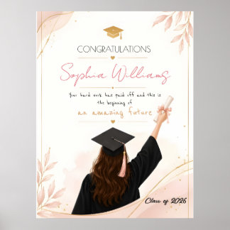 Poster Carte de fin d'études élégante rose gold et fleurs